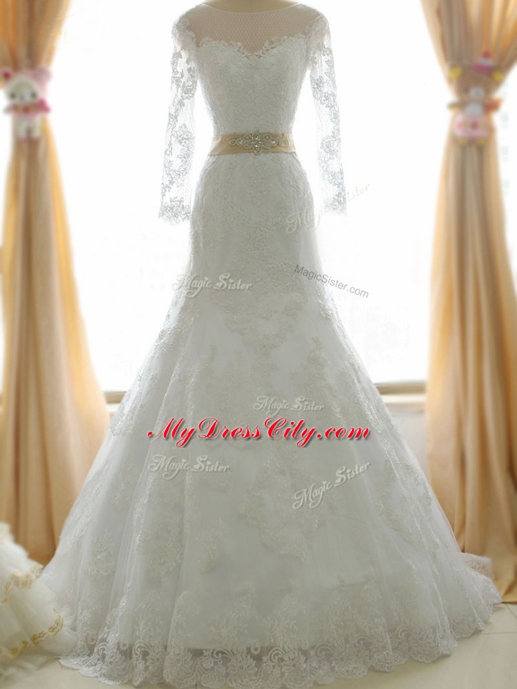 Delicate White Bridal Gown Beach and Wedding Party with Lace and Appliques Scoop Long Sleeves Brush Train Zipper