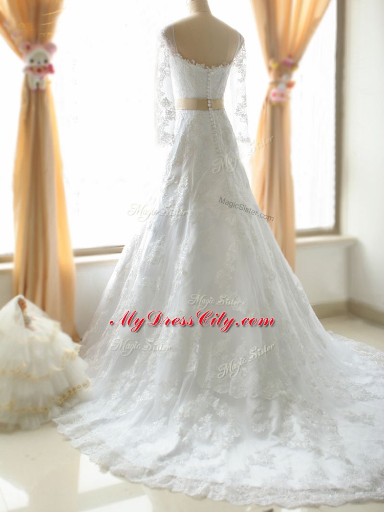 Delicate White Bridal Gown Beach and Wedding Party with Lace and Appliques Scoop Long Sleeves Brush Train Zipper