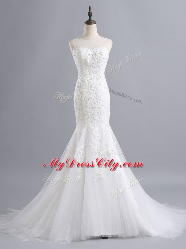 White Wedding Gown Scoop Sleeveless Brush Train Zipper