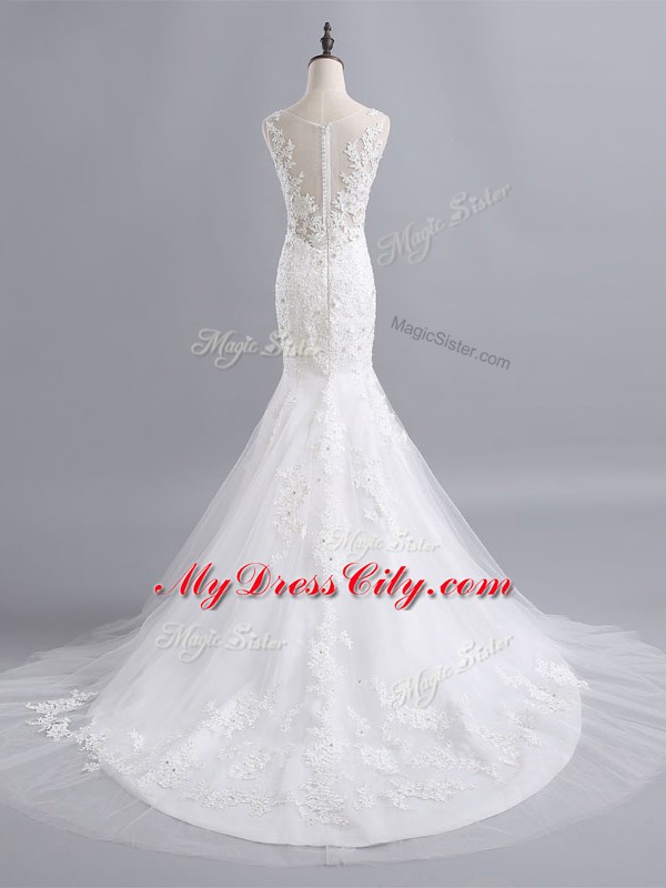 White Wedding Gown Scoop Sleeveless Brush Train Zipper