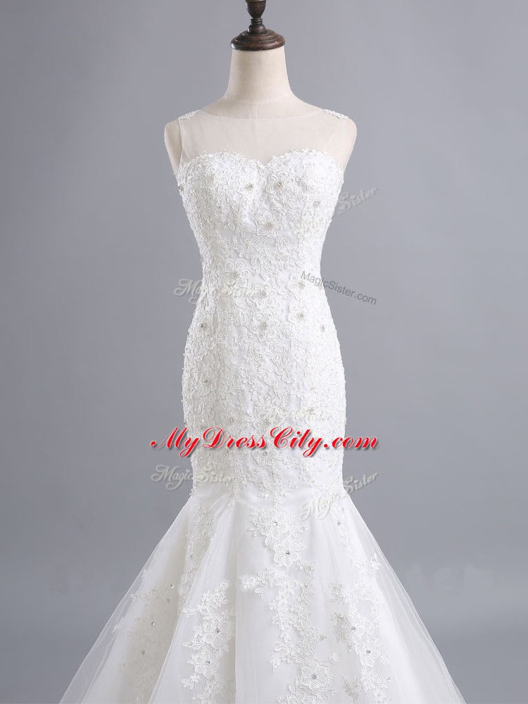 White Wedding Gown Scoop Sleeveless Brush Train Zipper