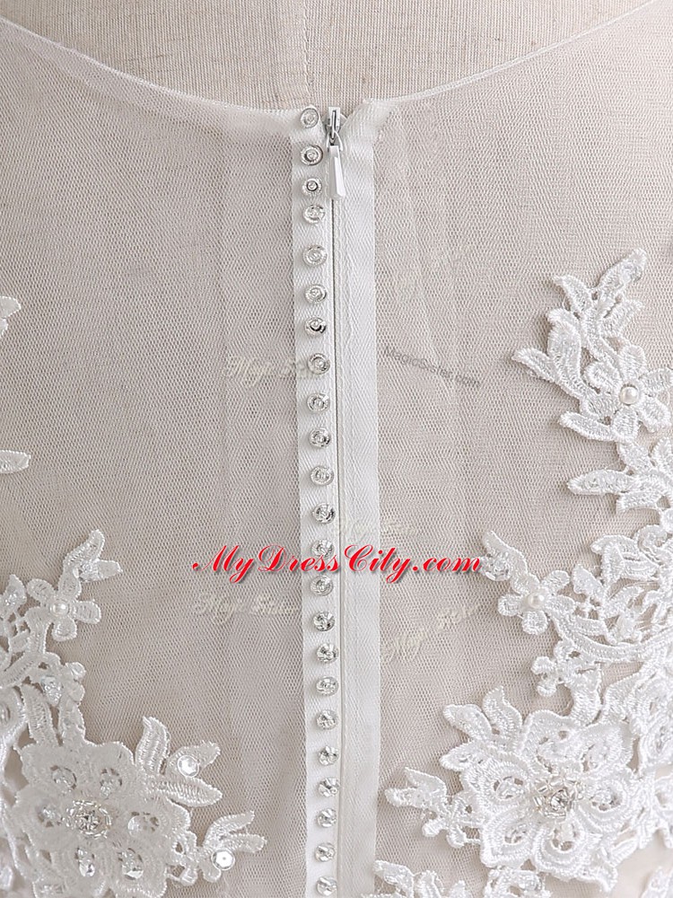 White Wedding Gown Scoop Sleeveless Brush Train Zipper