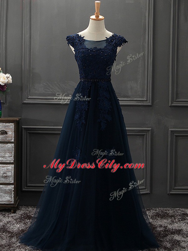 Scoop Sleeveless Lace Up Prom Dresses Navy Blue Tulle