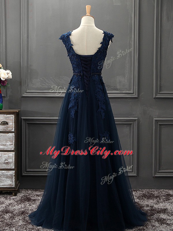 Scoop Sleeveless Lace Up Prom Dresses Navy Blue Tulle