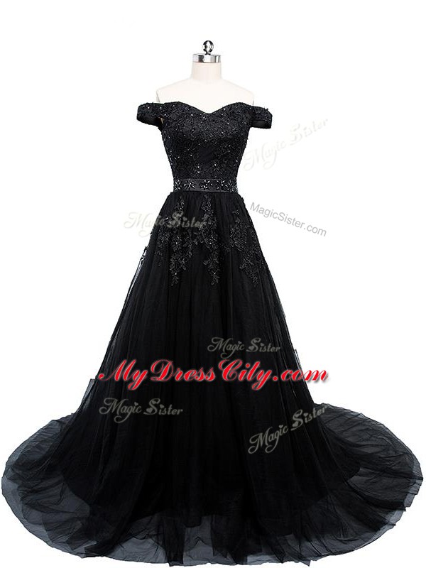 Black A-line Tulle Off The Shoulder Sleeveless Beading and Lace and Appliques Lace Up Prom Party Dress Brush Train