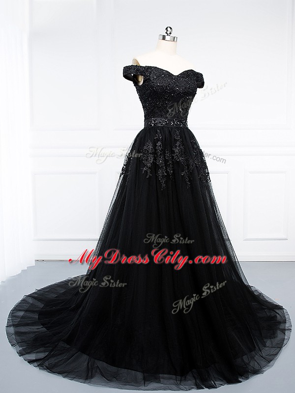 Black A-line Tulle Off The Shoulder Sleeveless Beading and Lace and Appliques Lace Up Prom Party Dress Brush Train