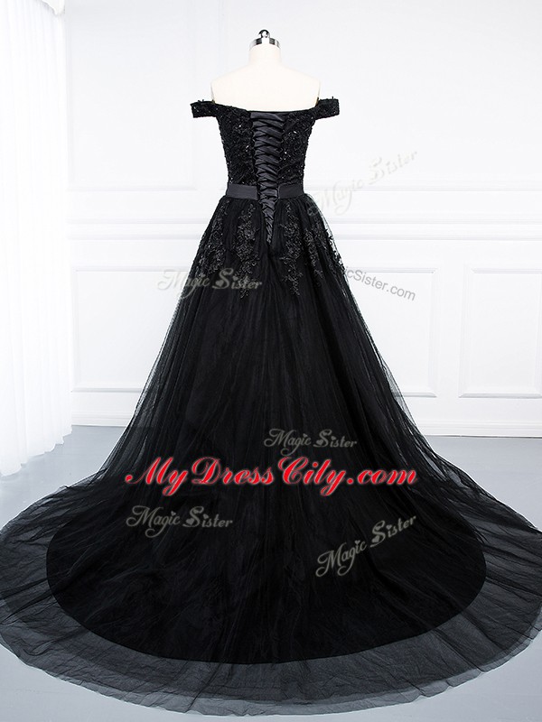 Black A-line Tulle Off The Shoulder Sleeveless Beading and Lace and Appliques Lace Up Prom Party Dress Brush Train