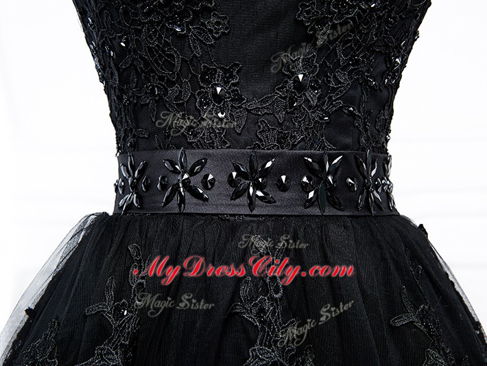 Black A-line Tulle Off The Shoulder Sleeveless Beading and Lace and Appliques Lace Up Prom Party Dress Brush Train