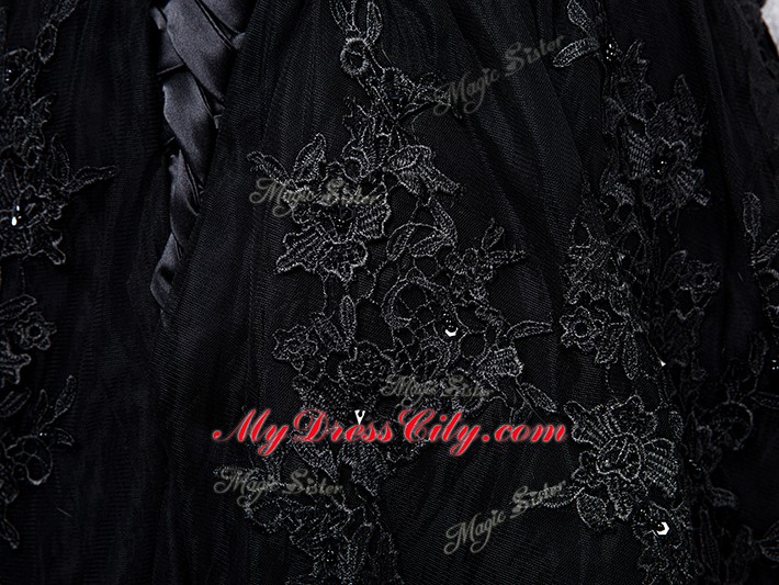 Black A-line Tulle Off The Shoulder Sleeveless Beading and Lace and Appliques Lace Up Prom Party Dress Brush Train