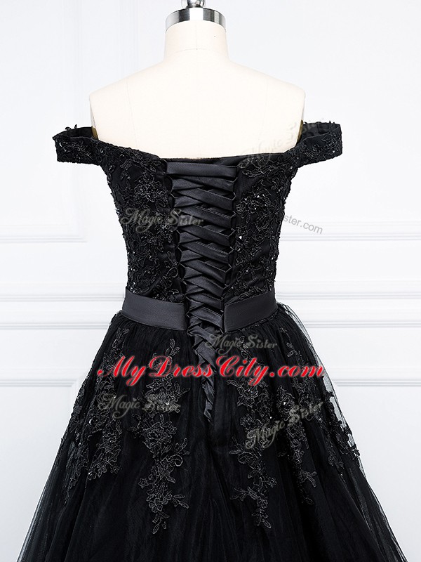 Black A-line Tulle Off The Shoulder Sleeveless Beading and Lace and Appliques Lace Up Prom Party Dress Brush Train