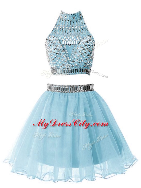 Light Blue A-line High-neck Sleeveless Organza Knee Length Zipper Beading Quinceanera Court of Honor Dress