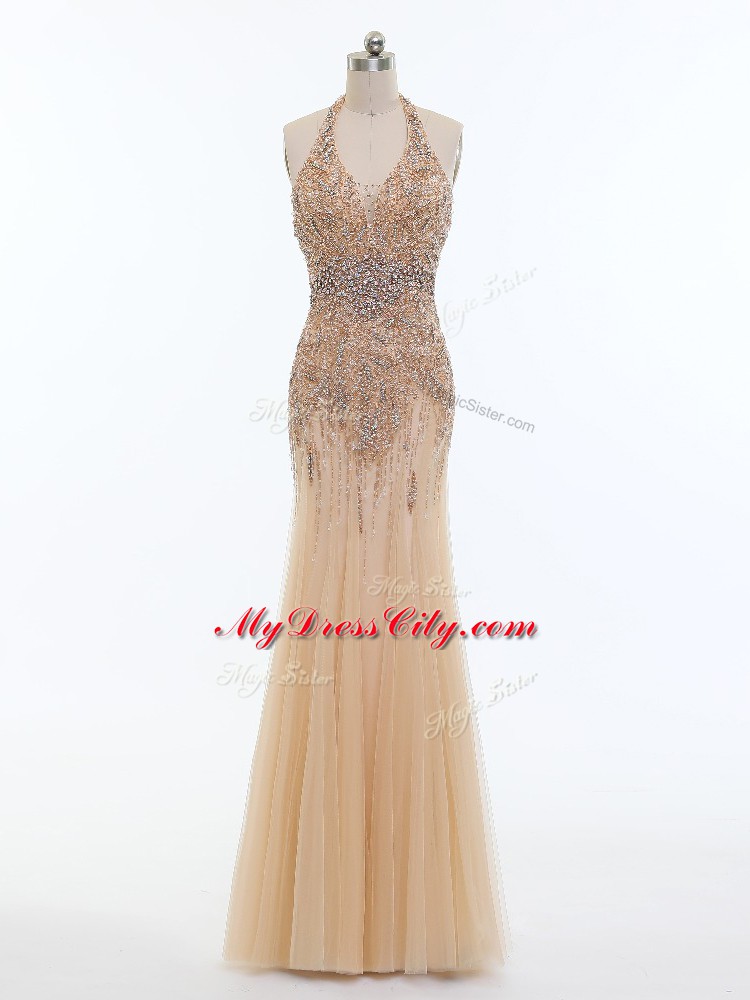 Gorgeous Halter Top Sleeveless Tulle Evening Gowns Beading Backless