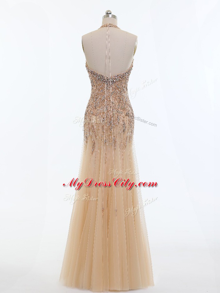 Gorgeous Halter Top Sleeveless Tulle Evening Gowns Beading Backless