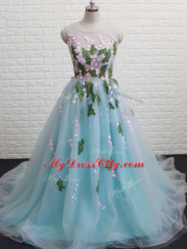 Beautiful Tulle Scoop Sleeveless Brush Train Backless Appliques Prom Evening Gown in Aqua Blue