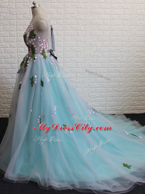 Beautiful Tulle Scoop Sleeveless Brush Train Backless Appliques Prom Evening Gown in Aqua Blue