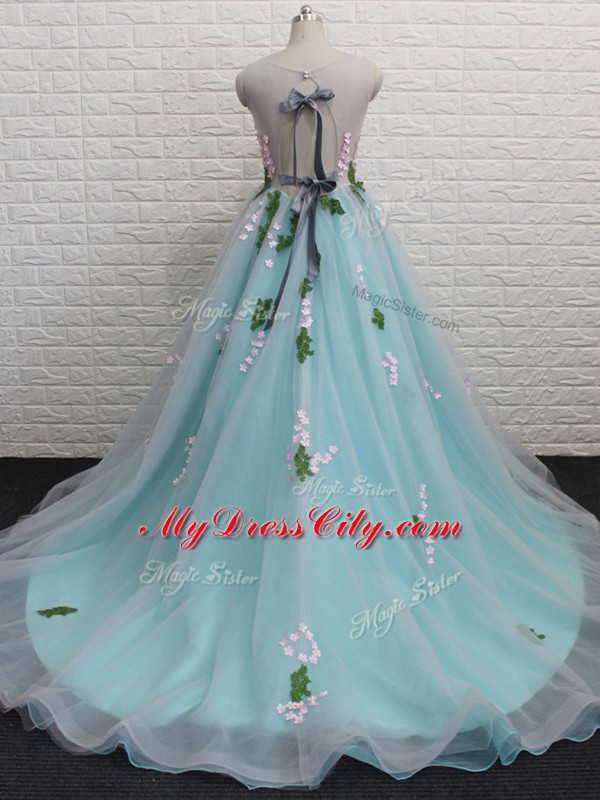 Beautiful Tulle Scoop Sleeveless Brush Train Backless Appliques Prom Evening Gown in Aqua Blue