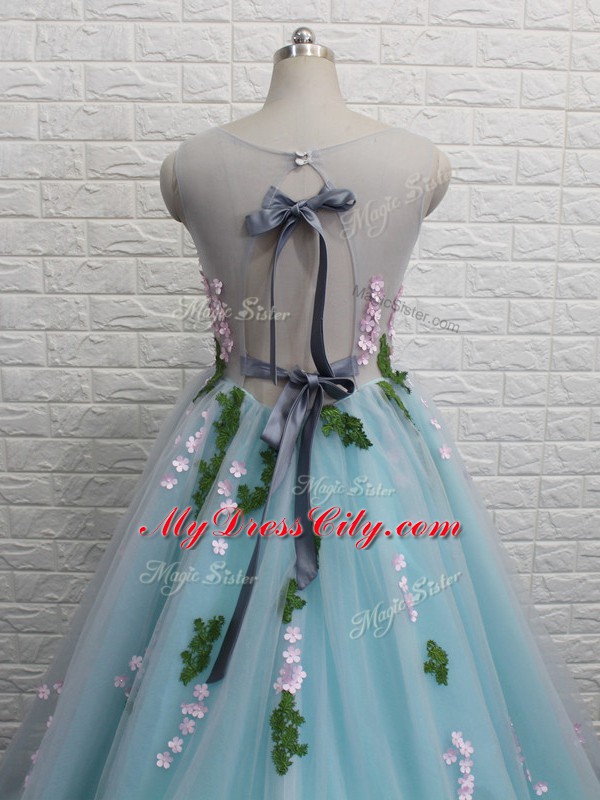 Beautiful Tulle Scoop Sleeveless Brush Train Backless Appliques Prom Evening Gown in Aqua Blue