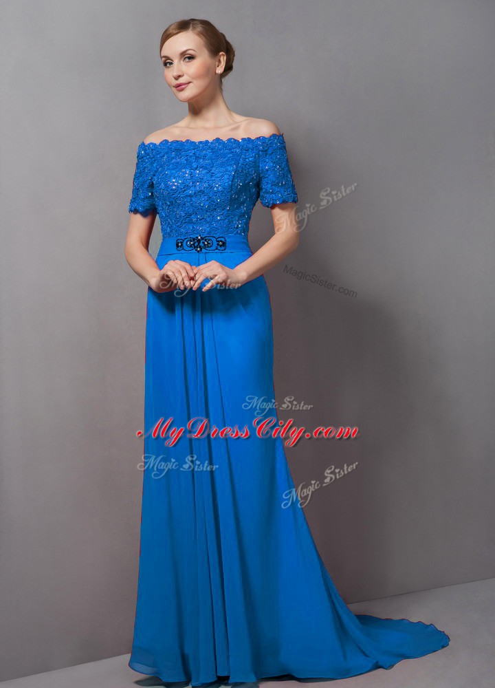 Classical Blue Chiffon Zipper Mother of the Bride Dress Short Sleeves Sweep Train Lace