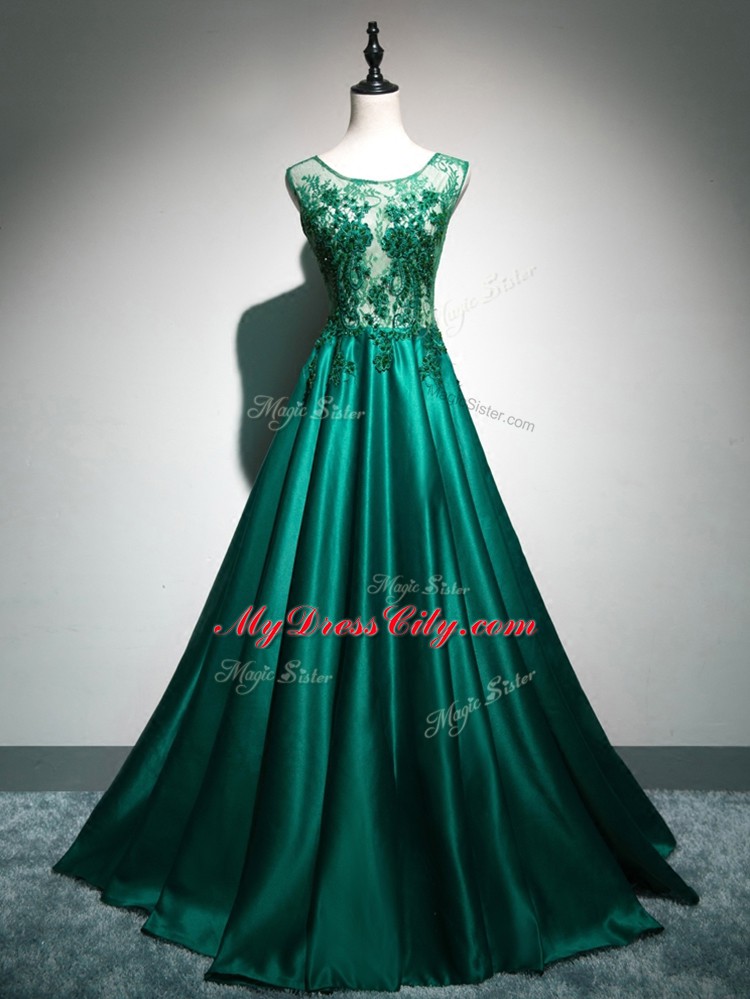 Free and Easy Dark Green Prom Gown Prom and Party with Beading and Lace and Appliques and Embroidery Scoop Sleeveless Brush Train Backless