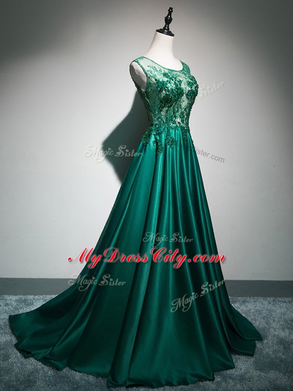 Free and Easy Dark Green Prom Gown Prom and Party with Beading and Lace and Appliques and Embroidery Scoop Sleeveless Brush Train Backless