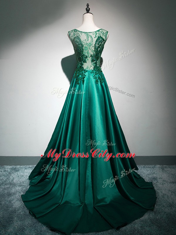 Free and Easy Dark Green Prom Gown Prom and Party with Beading and Lace and Appliques and Embroidery Scoop Sleeveless Brush Train Backless