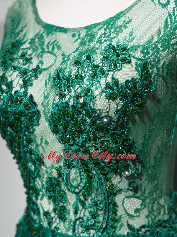 Free and Easy Dark Green Prom Gown Prom and Party with Beading and Lace and Appliques and Embroidery Scoop Sleeveless Brush Train Backless