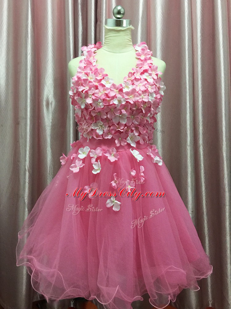 Pink Backless Halter Top Hand Made Flower Cocktail Dresses Tulle Sleeveless