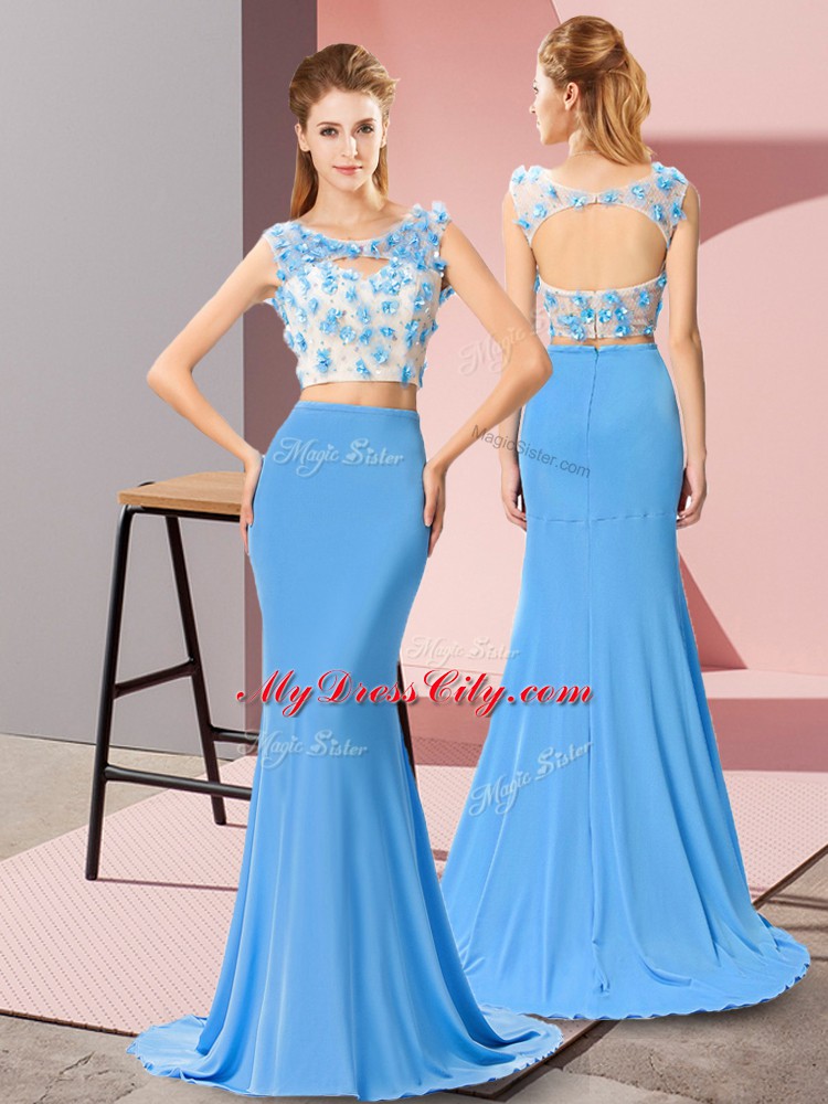 Scoop Sleeveless Brush Train Zipper Homecoming Party Dress Baby Blue Chiffon