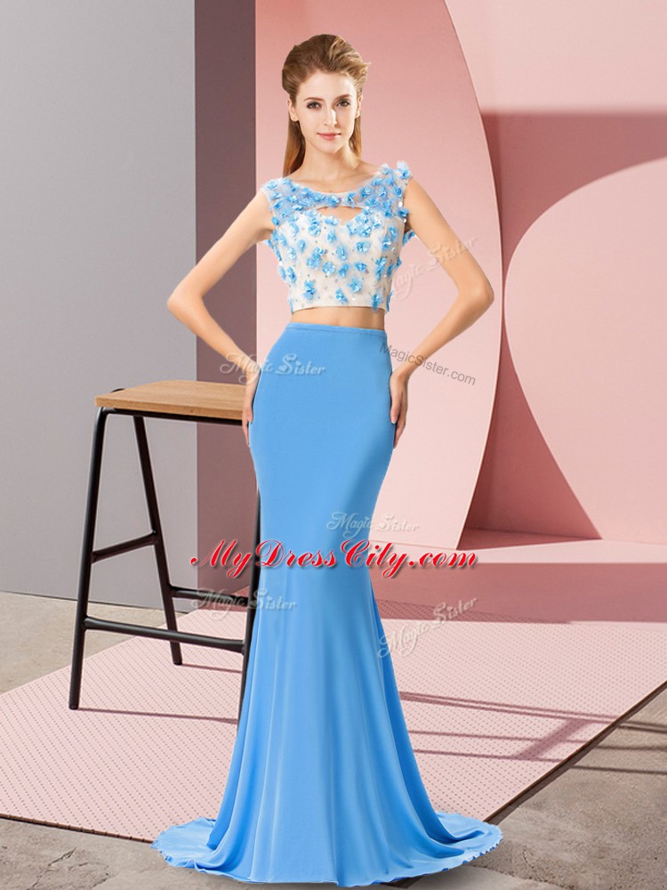 Scoop Sleeveless Brush Train Zipper Homecoming Party Dress Baby Blue Chiffon