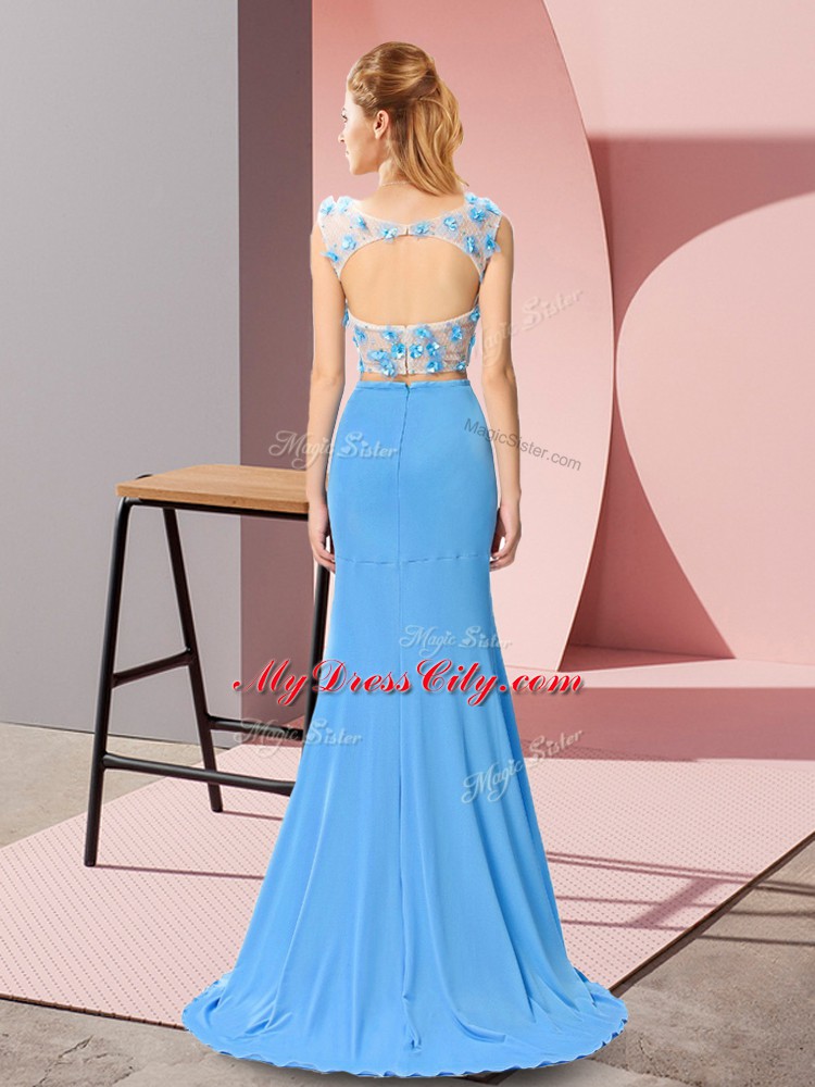 Scoop Sleeveless Brush Train Zipper Homecoming Party Dress Baby Blue Chiffon