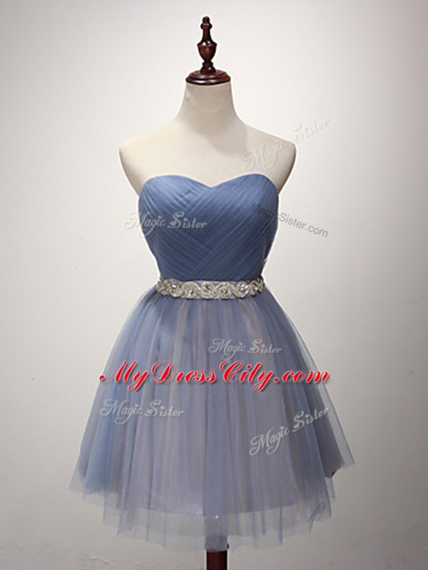 Fine Sleeveless Tulle Mini Length Lace Up Bridesmaids Dress in Blue with Beading and Ruching