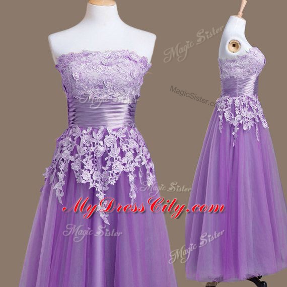 Tea Length Lavender Quinceanera Dama Dress Strapless Sleeveless Lace Up