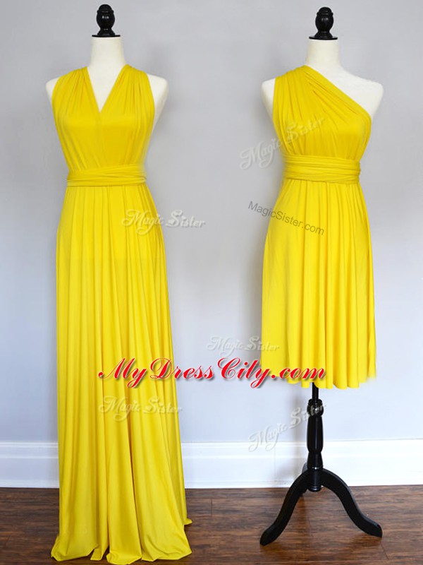 Excellent Yellow Sleeveless Chiffon Lace Up Wedding Party Dress for Prom and Party and Wedding Party