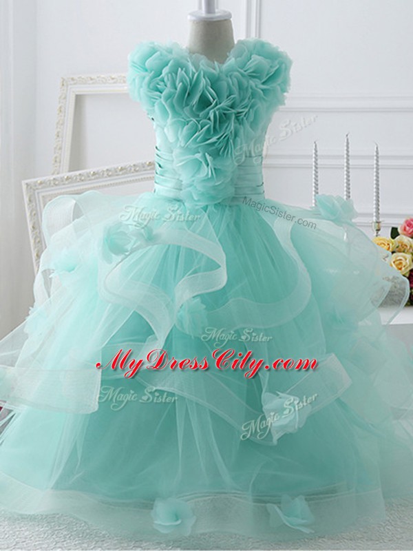 Ruffles and Hand Made Flower Little Girl Pageant Gowns Apple Green Zipper Sleeveless Floor Length