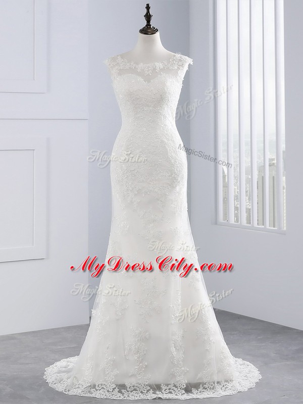 Shining White Sleeveless Lace Zipper Wedding Dresses for Beach and Wedding Party