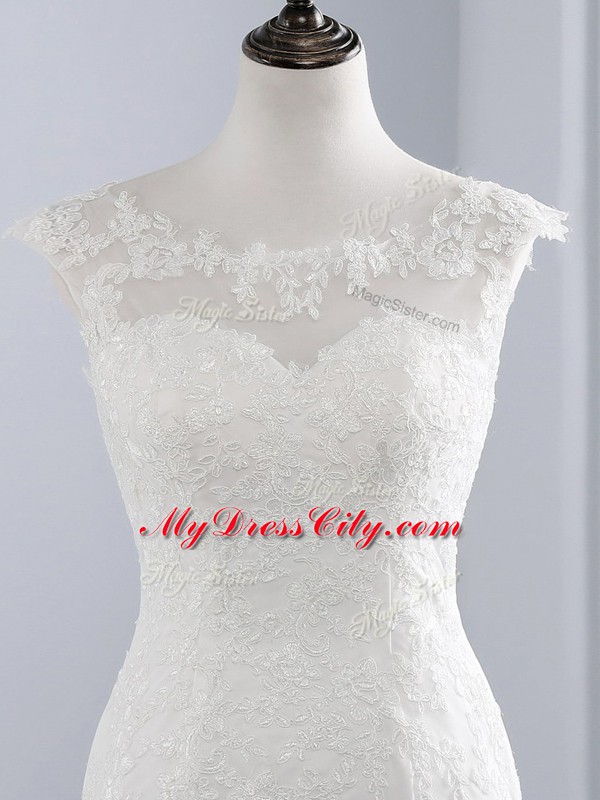 Shining White Sleeveless Lace Zipper Wedding Dresses for Beach and Wedding Party