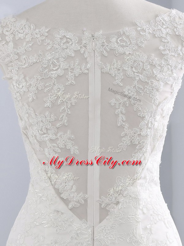 Shining White Sleeveless Lace Zipper Wedding Dresses for Beach and Wedding Party