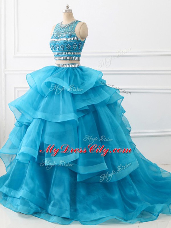 New Arrival Scoop Sleeveless Tulle Sweet 16 Dresses Beading and Ruffles Brush Train Backless