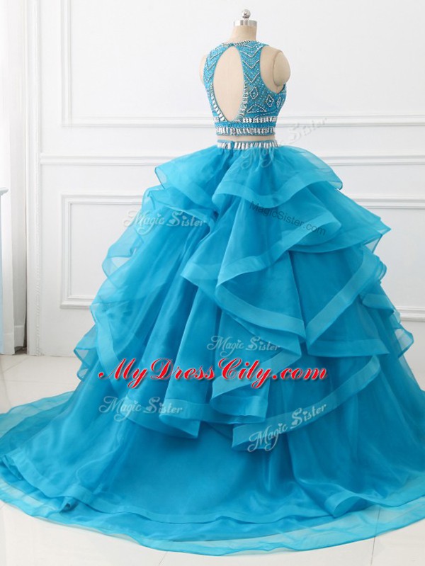 New Arrival Scoop Sleeveless Tulle Sweet 16 Dresses Beading and Ruffles Brush Train Backless