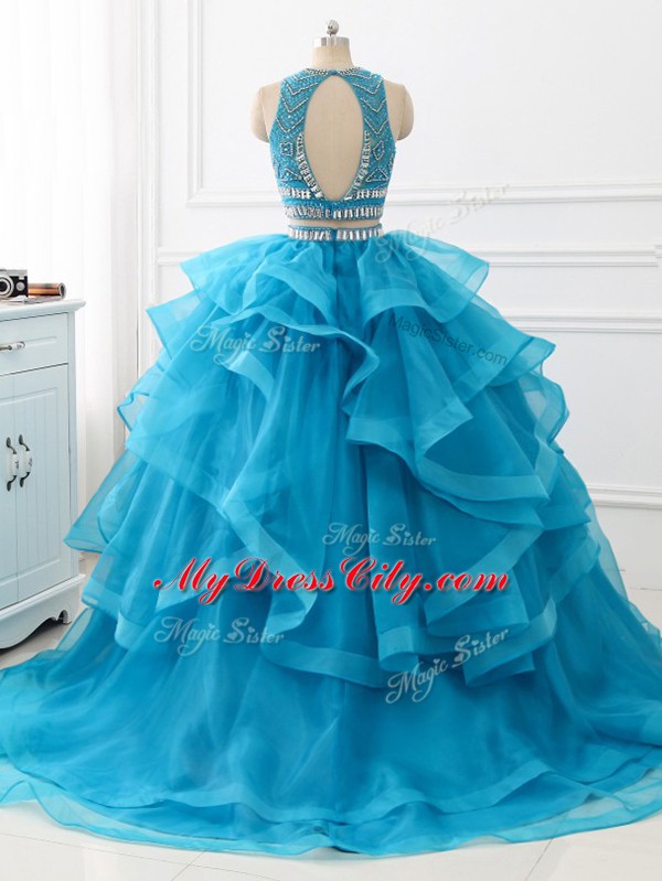 New Arrival Scoop Sleeveless Tulle Sweet 16 Dresses Beading and Ruffles Brush Train Backless