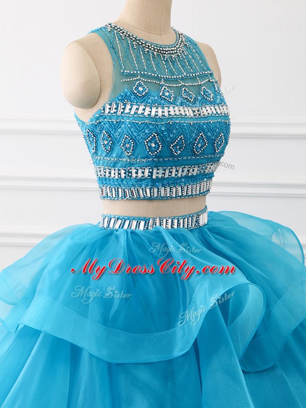 New Arrival Scoop Sleeveless Tulle Sweet 16 Dresses Beading and Ruffles Brush Train Backless