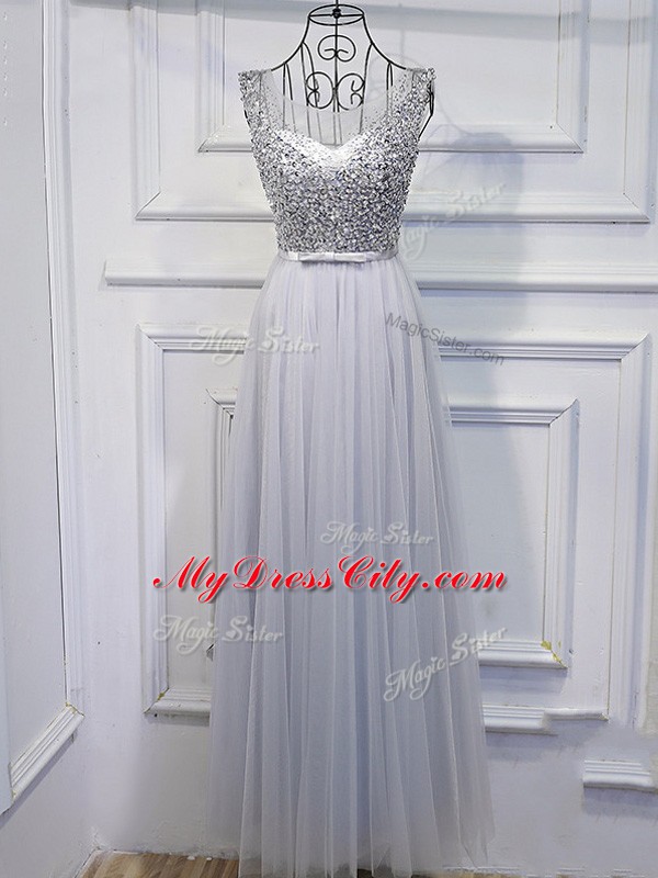 Grey Tulle Lace Up Scoop Sleeveless Floor Length Prom Gown Beading and Sequins