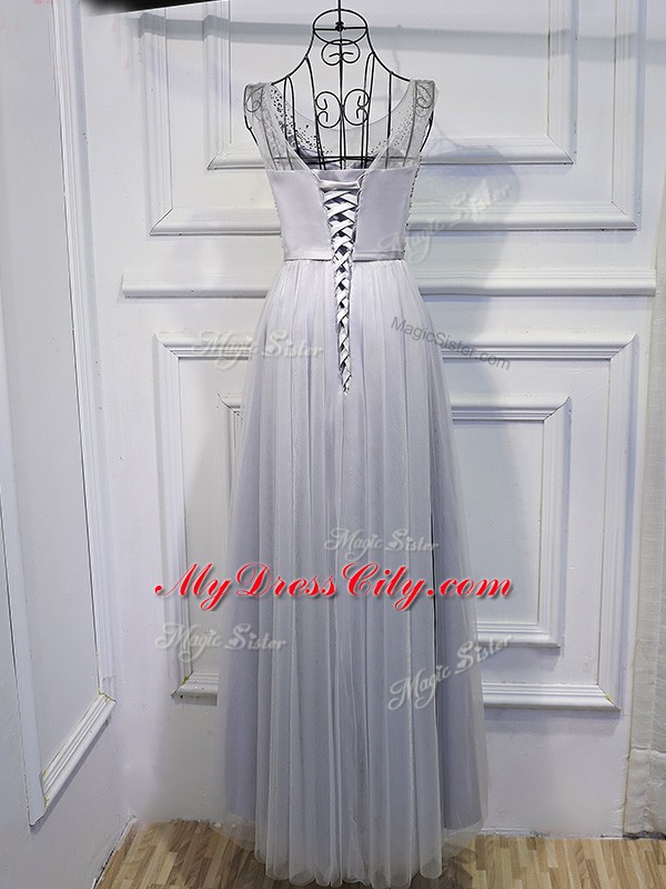 Grey Tulle Lace Up Scoop Sleeveless Floor Length Prom Gown Beading and Sequins