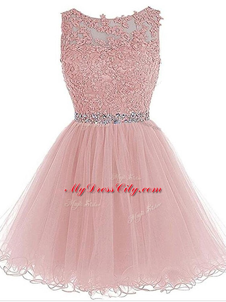 Amazing Pink A-line Beading and Lace and Appliques Prom Party Dress Zipper Organza Sleeveless Mini Length