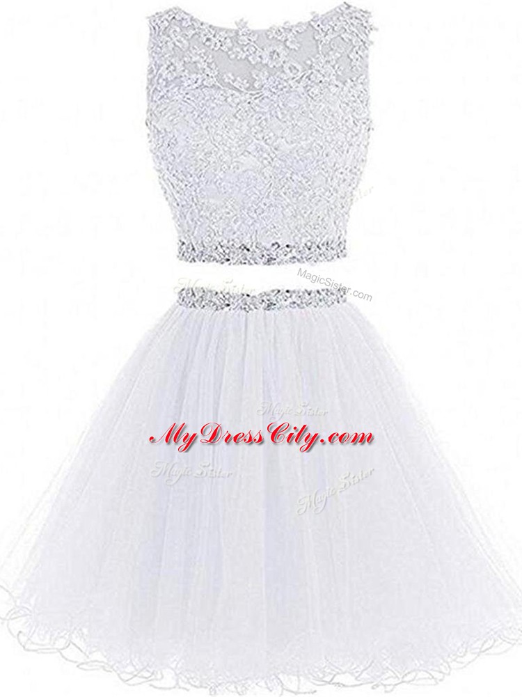 White Pageant Dress Prom and Party and Military Ball and Sweet 16 with Beading and Lace and Appliques Scoop Sleeveless Zipper