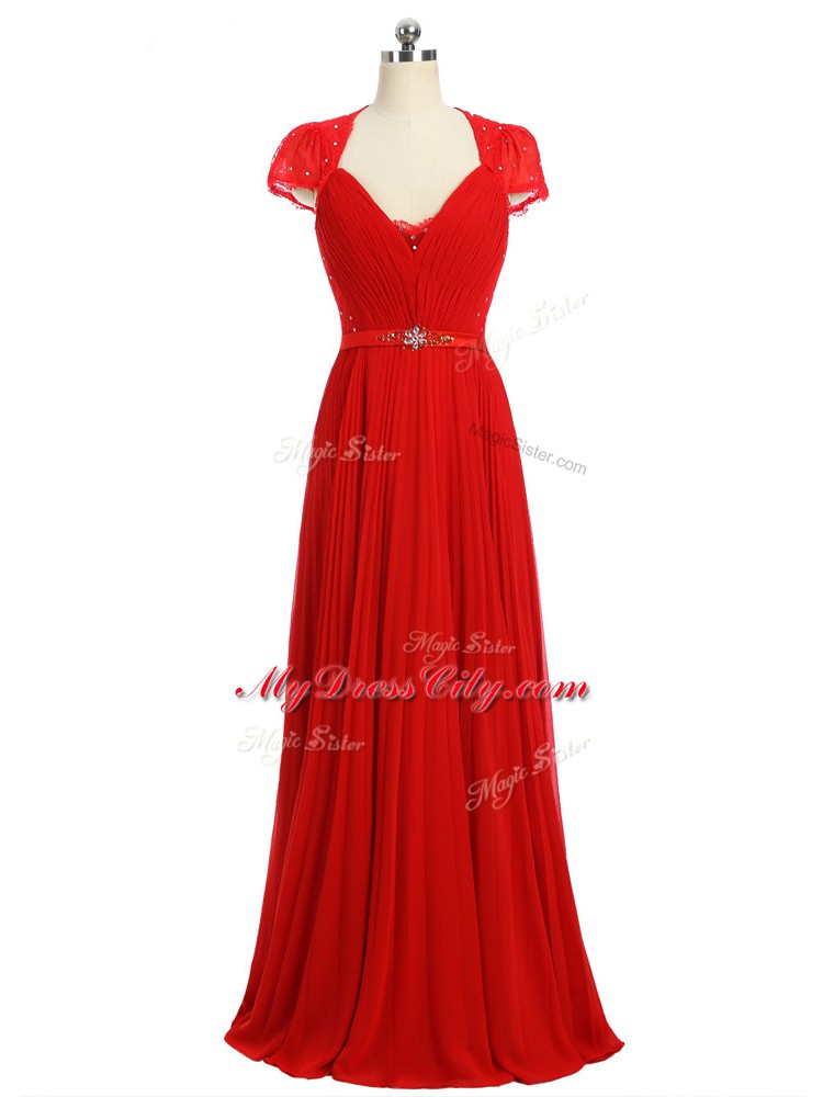 Red Zipper Prom Dress Beading and Ruching and Belt Short Sleeves Floor Length