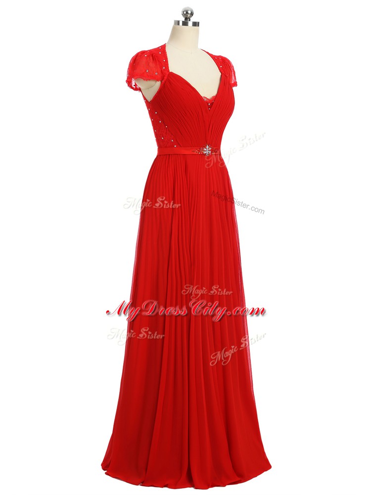 Red Zipper Prom Dress Beading and Ruching and Belt Short Sleeves Floor Length