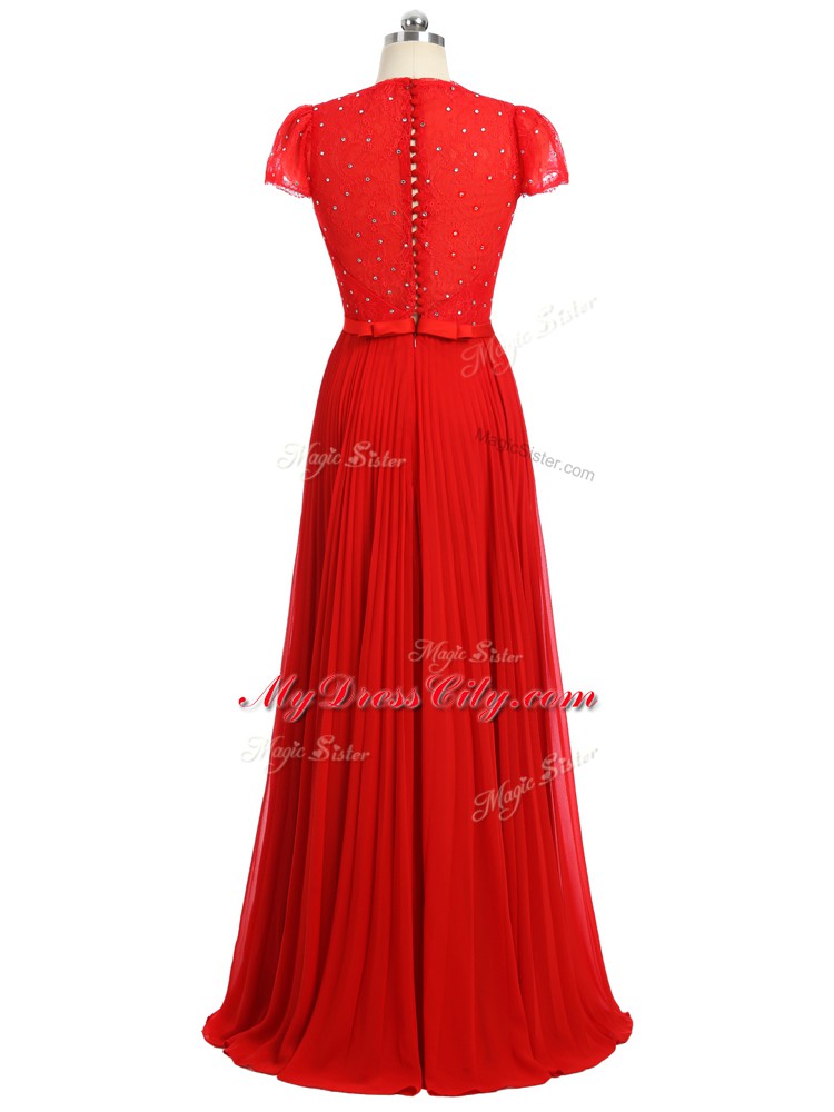 Red Zipper Prom Dress Beading and Ruching and Belt Short Sleeves Floor Length