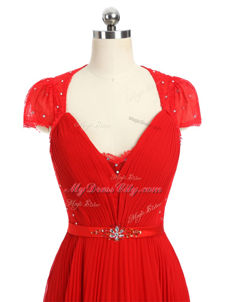 Red Zipper Prom Dress Beading and Ruching and Belt Short Sleeves Floor Length