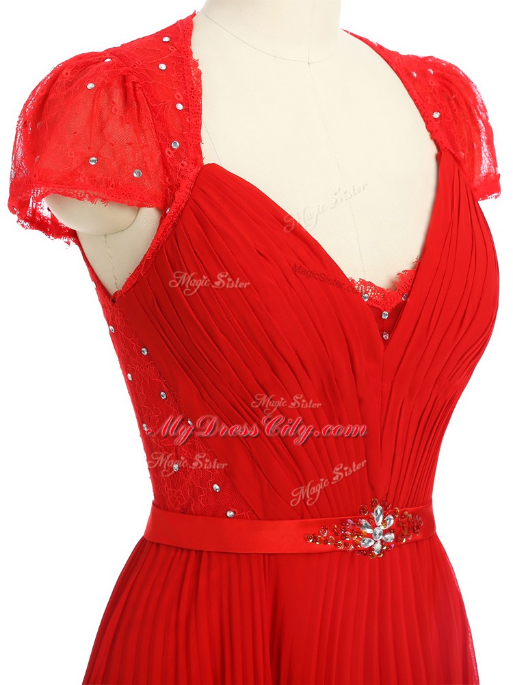 Red Zipper Prom Dress Beading and Ruching and Belt Short Sleeves Floor Length